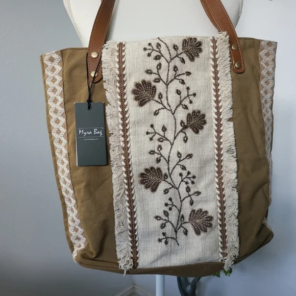 Myra Bag Jamee Jane Brown & Tan Embroidered Tote Shoulder Purse New With Tags - Picture 2 of 11